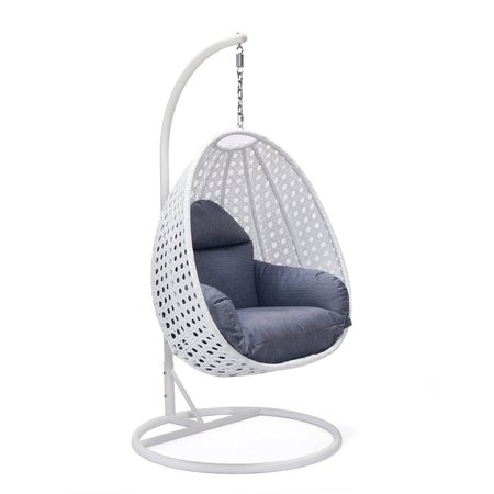 LEISUREMOD White Wicker Hanging Egg Swing Chair with Charcoal Blue Cushions ESCW-40CBU